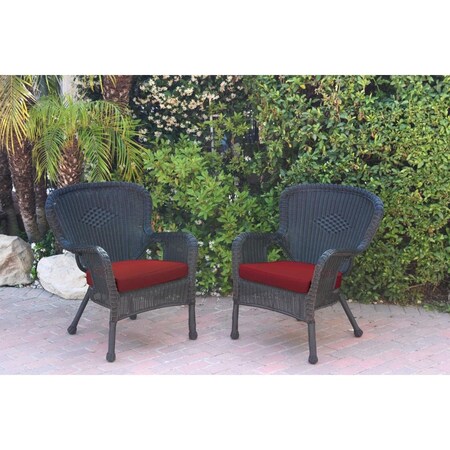 Jeco W00214-C-2-FS018 Windsor Black Resin Wicker Chair with Brick Red Cushion, 2PK W00214-C_2-FS018